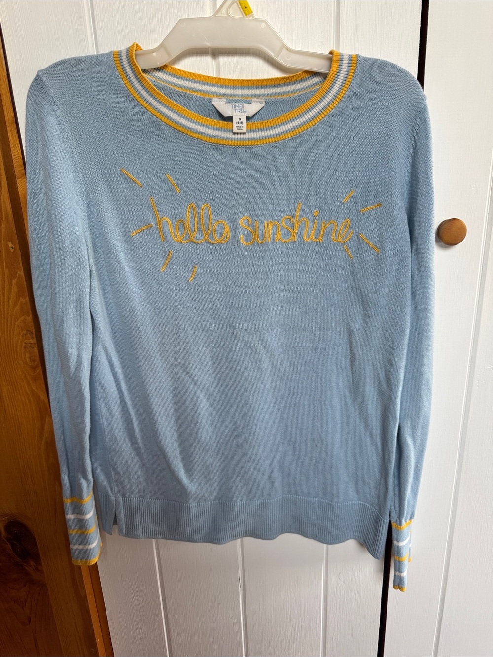 Time and Tru Light Blue "Hello Sunshine" Knit Sweater with Yellow Trim